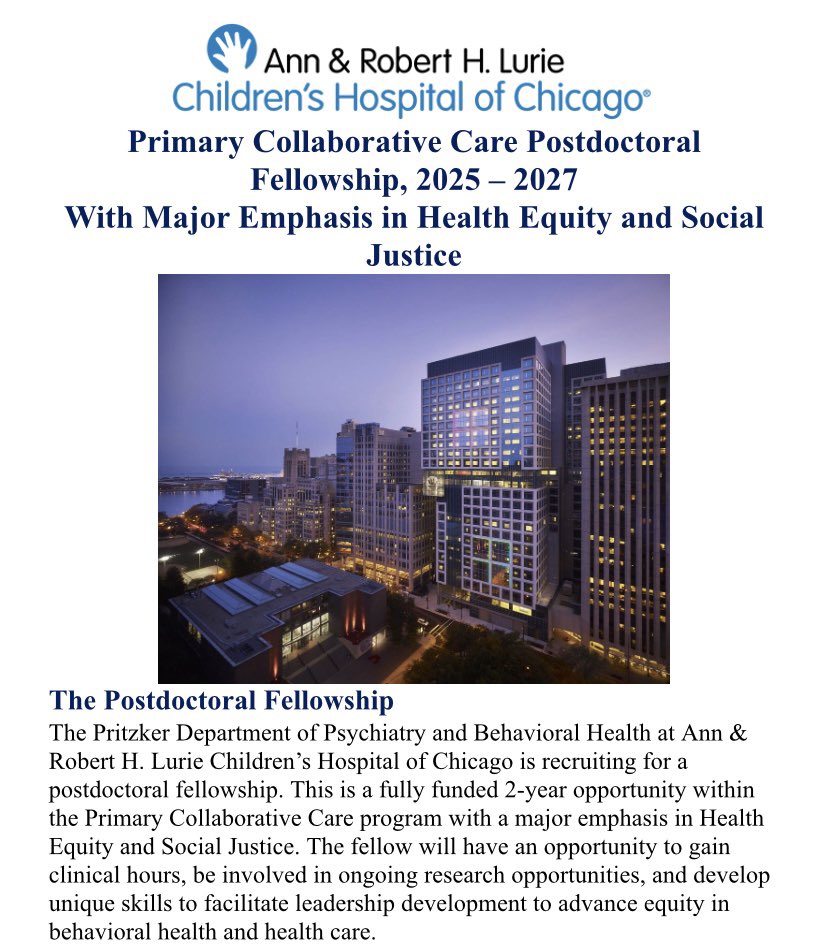 DrMLSampilo's tweet photo. Are you looking for a postdoctoral fellowship focused on integrating behavioral health services into peds primary care? Are you looking for a fellowship with structured health equity training? Want to live in Chicago? Come work with me 🙋🏽‍♀️ Apply by Dec 9! https://t.co/ye6nLkIMM0