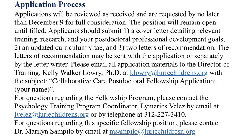 Are you looking for a postdoctoral fellowship focused on integrating behavioral health services into peds primary care? Are you looking for a fellowship with structured health equity training? Want to live in Chicago? Come work with me 🙋🏽‍♀️ Apply by Dec 9!