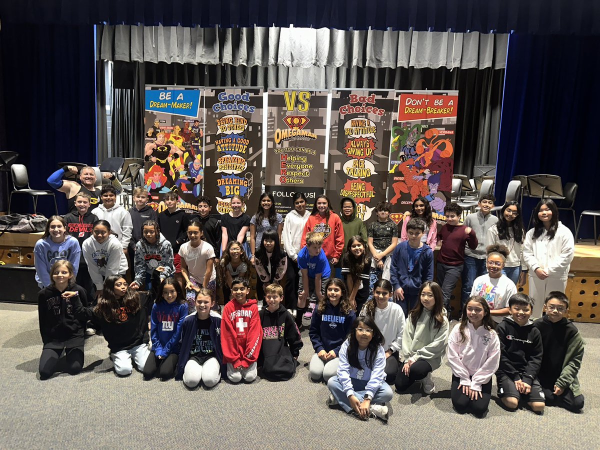 MsPallotto's tweet photo. Had a blast today with Omegaman at our assembly!! The message was loud and clear: To be a hero we need to “help everyone respect others”! 🦸‍♂️🦸‍♀️ https://t.co/jOEMZJLMTR
