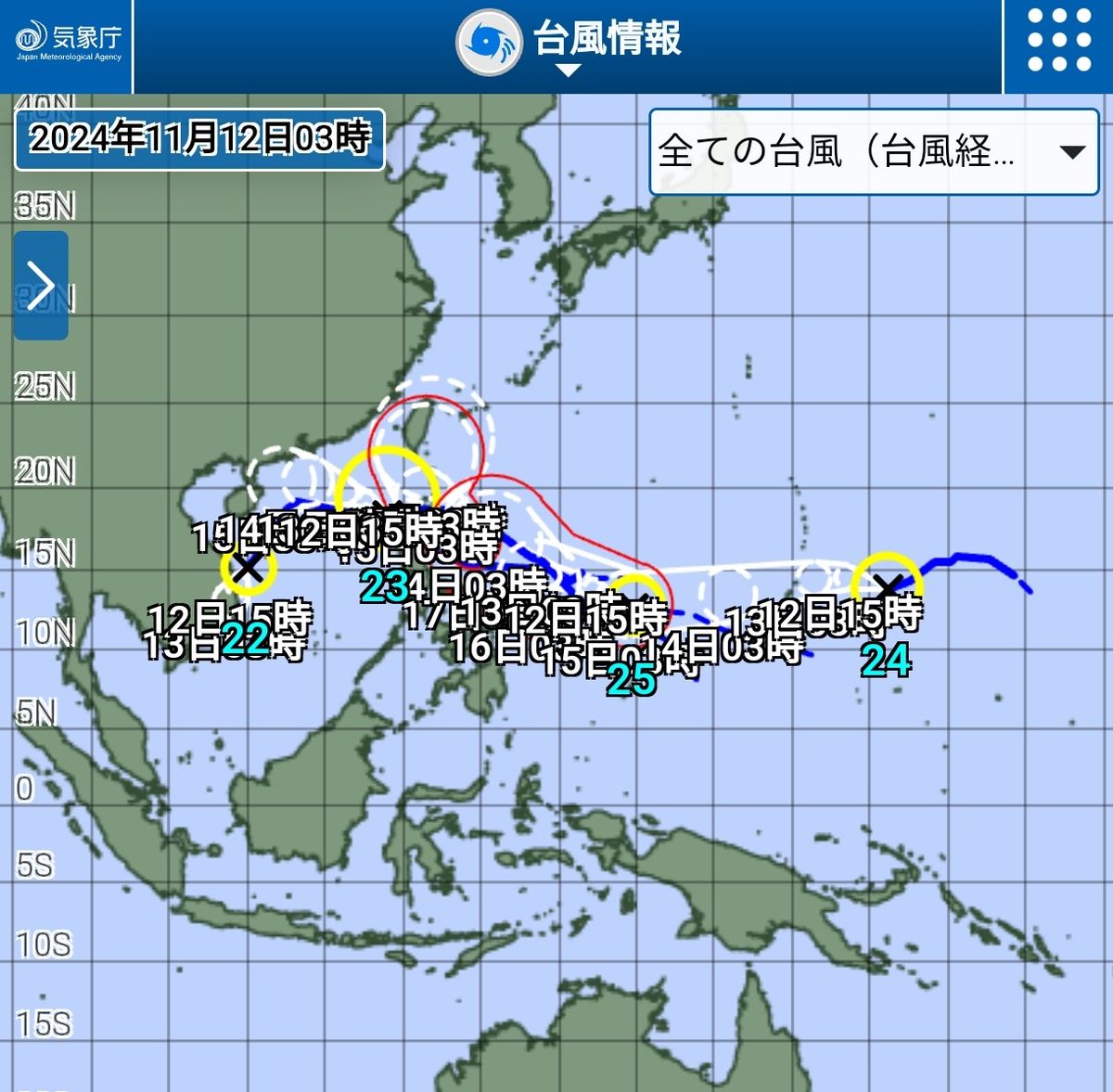 tenkinosusume's tweet photo. 12日3時の解析で台風25号ウサギが発生。22号~25号、4つの台風が並んだ状態に。
とはいっても22号はすでにスカスカ。4つ並んでる姿をそんなに長くは見られなさそう。
さて、台風25号。お前はどこへゆく…
#T2422 #T2423 #T2424 #T2425 https://t.co/nW4C6M9zkW