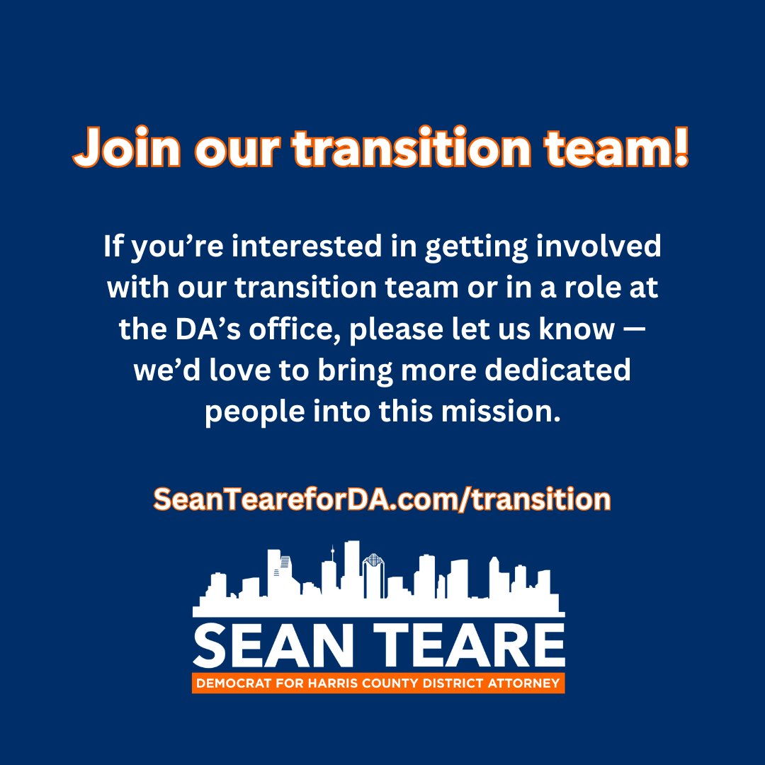 As we turn the page on election season, I’m focused on getting to work.

If you’re interested in getting involved with our transition team or in a role at the DA’s office, please let us know — we’d love to bring more dedicated people into this mission: SeanTeareforDA.com/transition
