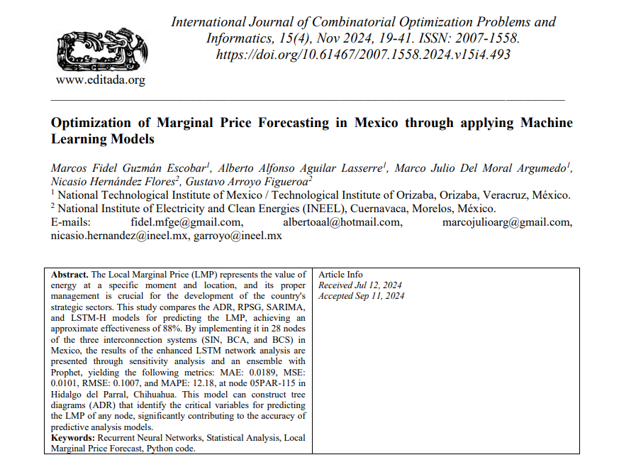 garroyo27's tweet photo. Nuevo articulo IJCOPI Optimization of Marginal Price Forecasting in Mexico through applying Machine Learning Models #ArtificialIntelligence #powergrid #Ineel 
https://t.co/NKRVDhGLl0 https://t.co/sssdUJgzBW
