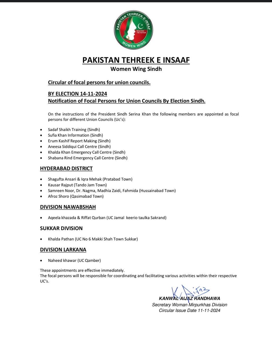 sufi1khan's tweet photo. *Pakistan Tehreek Insaf Women Wing Sindh*

*Notification of Focal Person Of Union Council  For BY Election Sindh On the Instruction Of the President Sindh Serina Khan the Following Members are Appointed as Focal Persons of Different Union Councils (UC'S)*

*Sufia khan* https://t.co/RJpQPBTBti