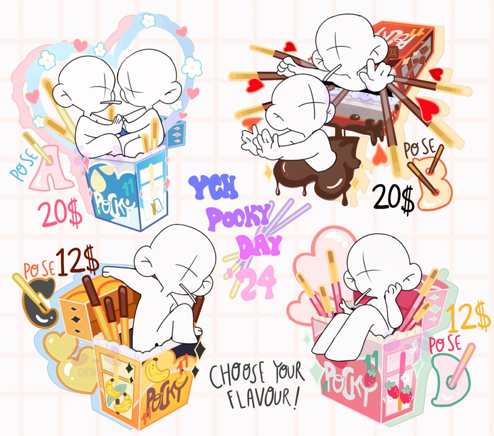 Y C H  ‼️ P O C K Y  D A Y

If you are interested, please DM me or comment below with your info and refs. There is no  limit of spots for each design!✨

 #ych #yourcharacterhere #pockyday #pepero #pocky #digitalart #art #colorful  #chibi