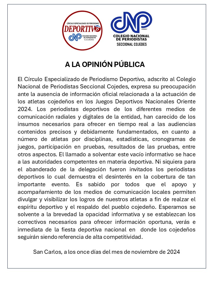 Comunicado del Círculo Especializado de Periodismo Deportivo y el Colegio Nacional de Periodistas seccional Cojedes