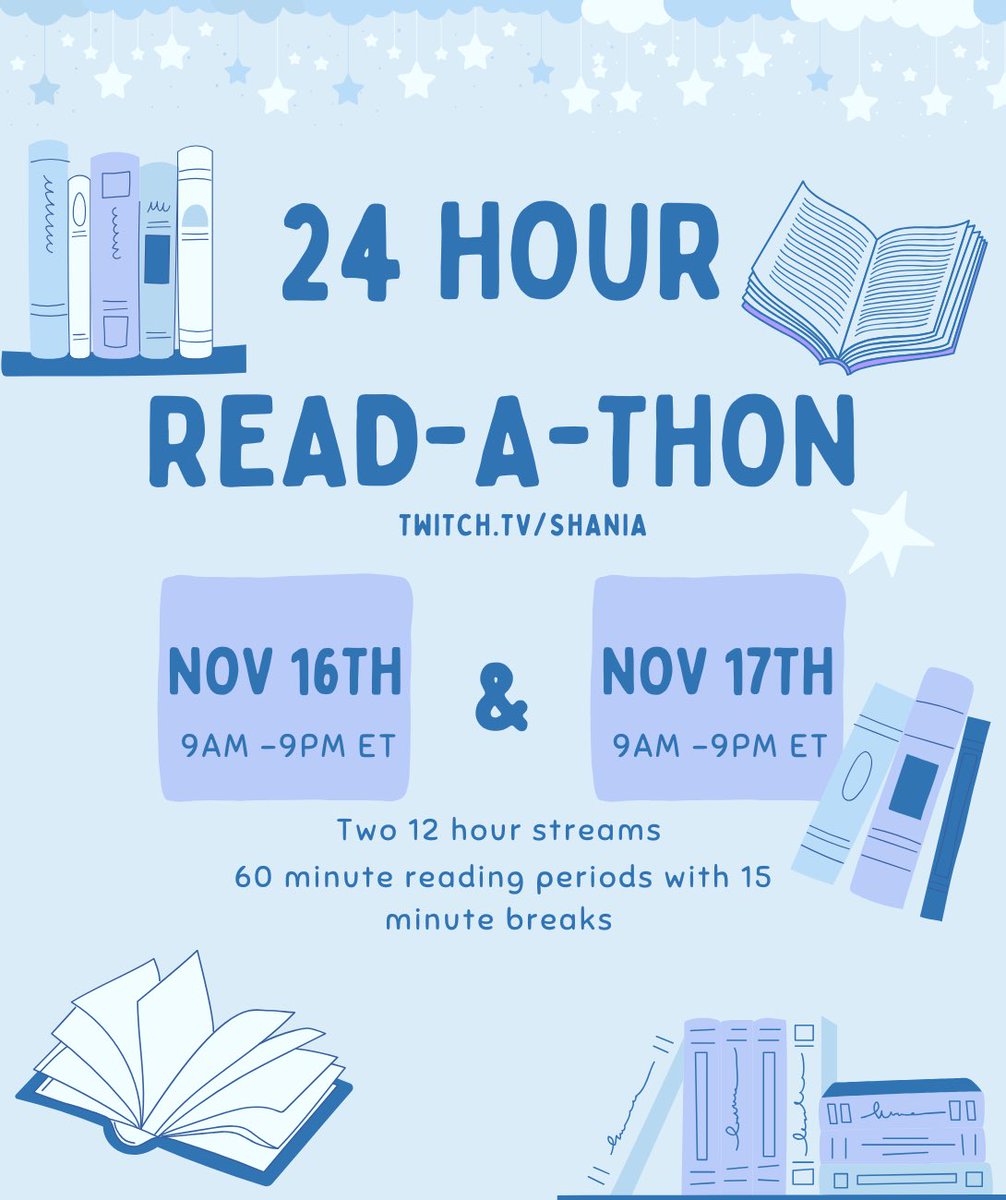 Shania_ttv's tweet photo. This weekend come join me for a 24 hour read-a-thon!!

Will be doing two 12 hour streams! Come get cozy with me while we read some books 🩵 https://t.co/5tdGjuaXQQ