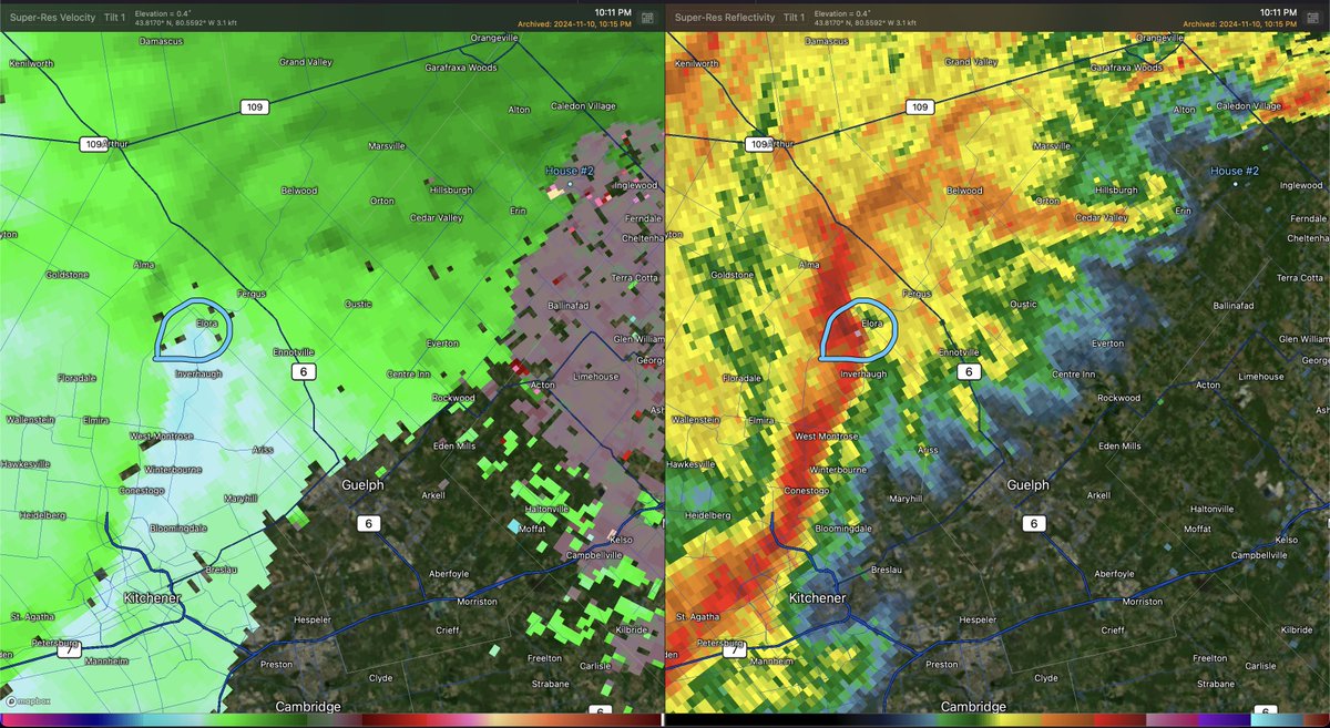 The Elora, ON station on <a href="/westernuNMP/">Northern Mesonet Project</a> 's <a href="/CanadianMesonet/">Canadian Mesonet Portal</a> website actually has an abrupt wind direction shift (in compass degrees) in the station data shown here right before Fergus got hit last night! There was also a 10-min maximum wind gust of 61.7 Km/h at the station! #onwx