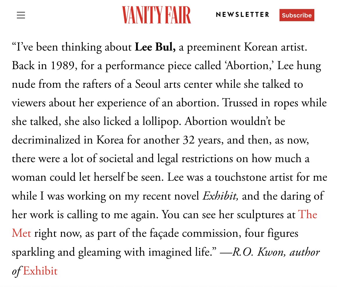 was asked by <a href="/VanityFair/">VANITY FAIR</a> what art has helped with the past week &amp; I talked about the work of Lee Bul, a groundbreaking Korean artist with a 1989 performance piece that involved hanging nude from the rafters while talking about her experience of abortion