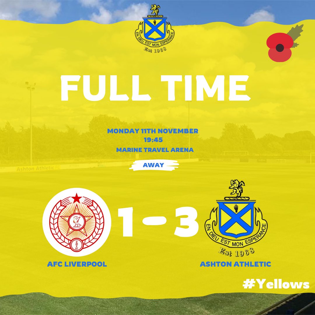 ⚽️⚽️ Full Time 

A well deserved win for us tonight💪🏻  A strong team performance throughout and some unreal goals👌🏻 Onto the next roundd🏆😁

 <a href="/AFCLiverpool/">AFC Liverpool🔴⚪️⚽️</a> 1 - 3💛💙

Goals - Jack Smith (18’), Josh Nicholson (27’,) Josh High (89’)

#Yellows 
<a href="/NWCFLScores/">NWCFL Scores</a>