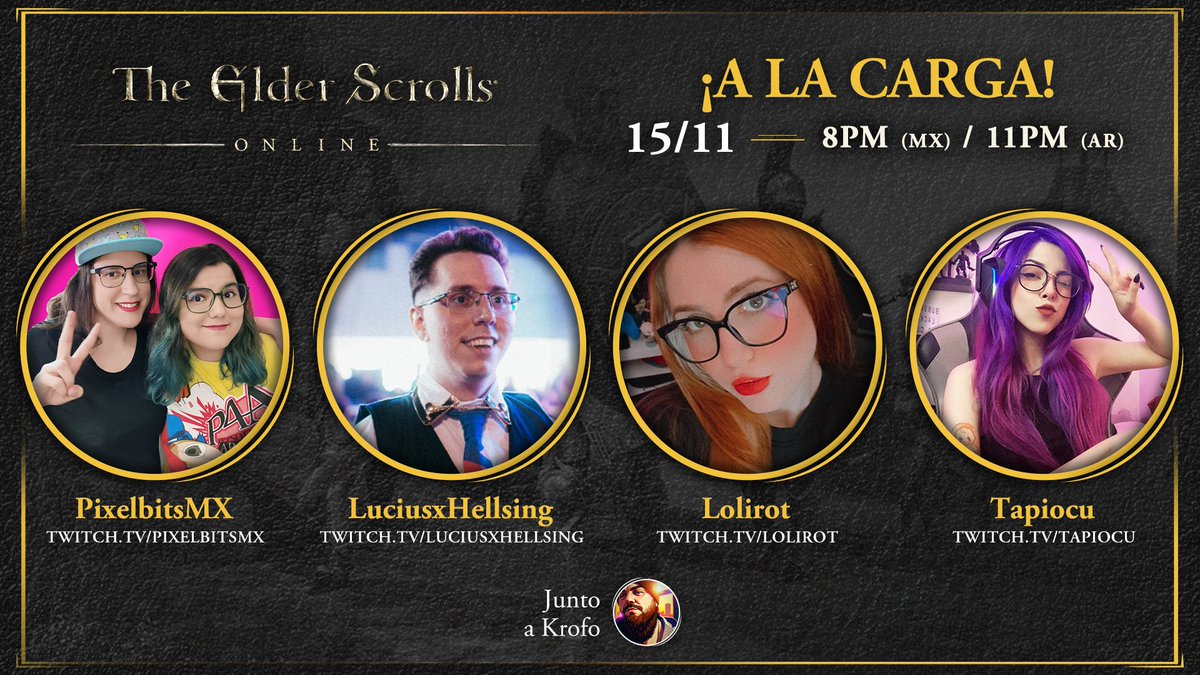 BethesdaLATAM's tweet photo. 🥁 ¡Que suenen los tambores de guerra! 🥁
#Pixelbits, @LuciusHellsing, @Lolirotve y @tapiocu_ afilan sus espadas y practican sus hechizos para una noche de PvP furioso en TESO ⚔️
🗓️ VIERNES
🕗 8 PM 🇲🇽 / 11 PM 🇦🇷
▶️ ¡Por Twitch! https://t.co/6WtfXRZhA2