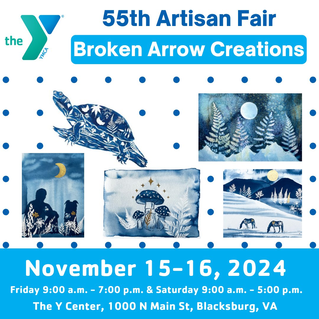 vtymca's tweet image. Meet Your Vendors!
Broken Arrow Creations from Lexington, VA, will be at the YMCA&apos;s 55th Artisan Fair! Discover unique cyanotypes and sunprints on cards, prints, postcards, and more—all original designs!

🗓️ Nov 15-16
📍 YMCA Thrift
#YMCAArtisanFair #ShopLocal