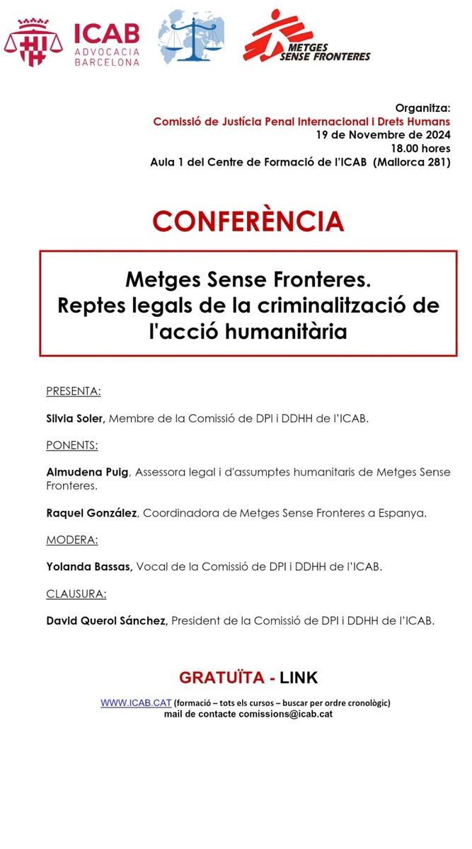 Médicos que arriesgan su vida para curar heridos en conflictos armados, intervenir en epidemias y ayudar a personas sin atención médica. Deberían estar protegidos. No os perdáis la próxima conferencia <a href="/BarcelonaCpi/">CPI_Barcelona</a> en <a href="/ICABarcelona/">ICAB · Advocacia Barcelona</a>