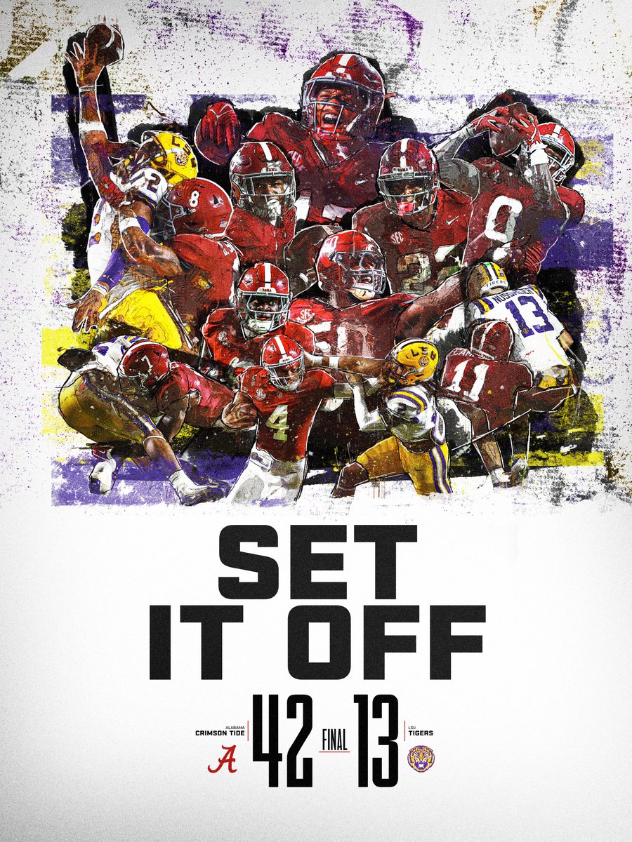 AlabamaFTBL's tweet photo. Game Win Poster: LSU

🐘: 42  🐅: 13

#RollTide https://t.co/ZD8ENkmyOO