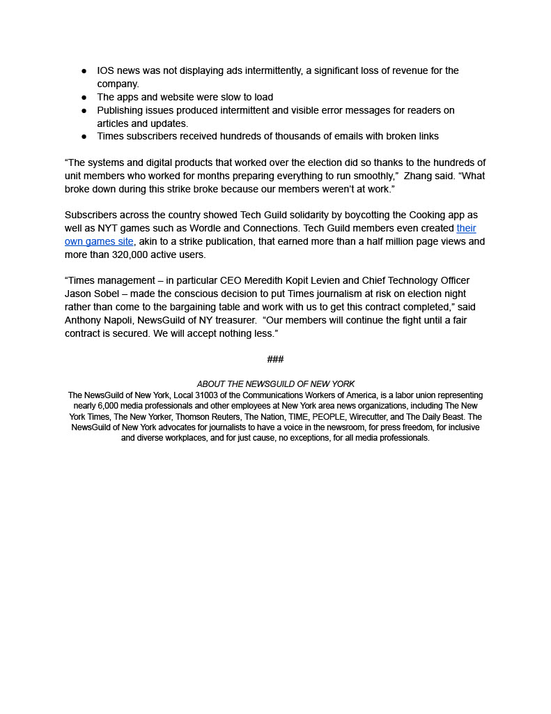 New York Times Tech Guild (@nytguildtech) on Twitter photo A WARNING TO THE TIMES: Tuesday, we will be returning to work, after a successful Election Week ULP Strike. We clearly demonstrated how valuable our work is to <a href="/nytimes/">The New York Times</a>. And now weāll move our fight inside. A WARNING TO THE TIMES: Tuesday, we will be returning to work, after a successful Election Week ULP Strike. We clearly demonstrated how valuable our work is to <a href="/nytimes/">The New York Times</a>. And now weāll move our fight inside.