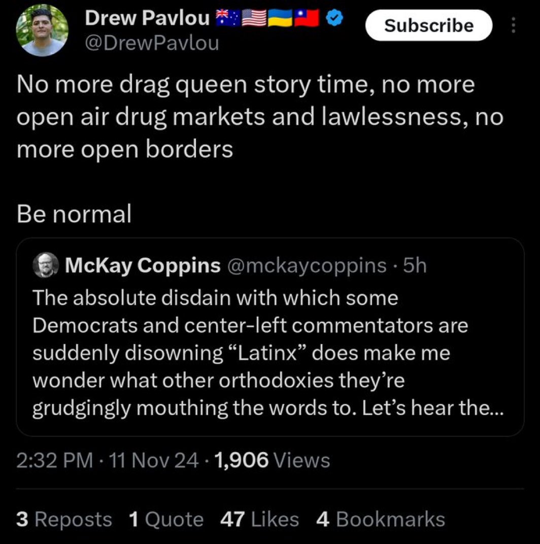 I do think politically we have to moderate some stances to win, but that doesn’t mean we just concede Republican lies—the borders are not open, drag queen story hour was not a major factor in this election, etc…