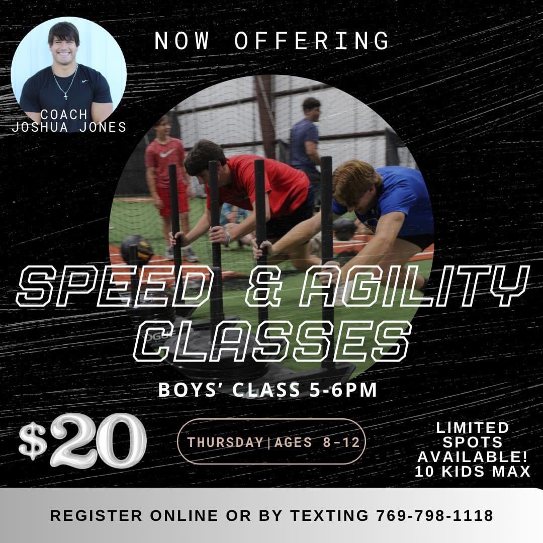 EVENTS THIS WEEK! 

Girls’ Speed &amp; Agility 5-6pm 
Monday

Baseball Pitching Lab 
Monday/Thursday

Softball Catching Clinic 5-6pm Tuesday

Boys’ Speed &amp; Agility Class 5-6pm Thursday

Please text 769-798-1118 to sign up for any of these!