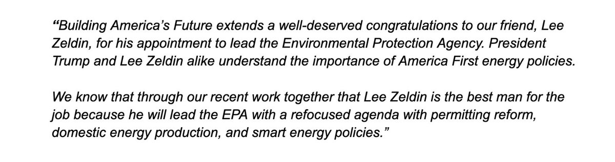 Following President Trump's decision to have <a href="/LeeMZeldin/">Lee Zeldin</a> lead the EPA, Building America's Future Senior Advisors <a href="/GenerraPeck/">Generra Peck</a> and <a href="/PhilCoxGOP/">Phil Cox</a> released the following statement congratulating Lee Zeldin: