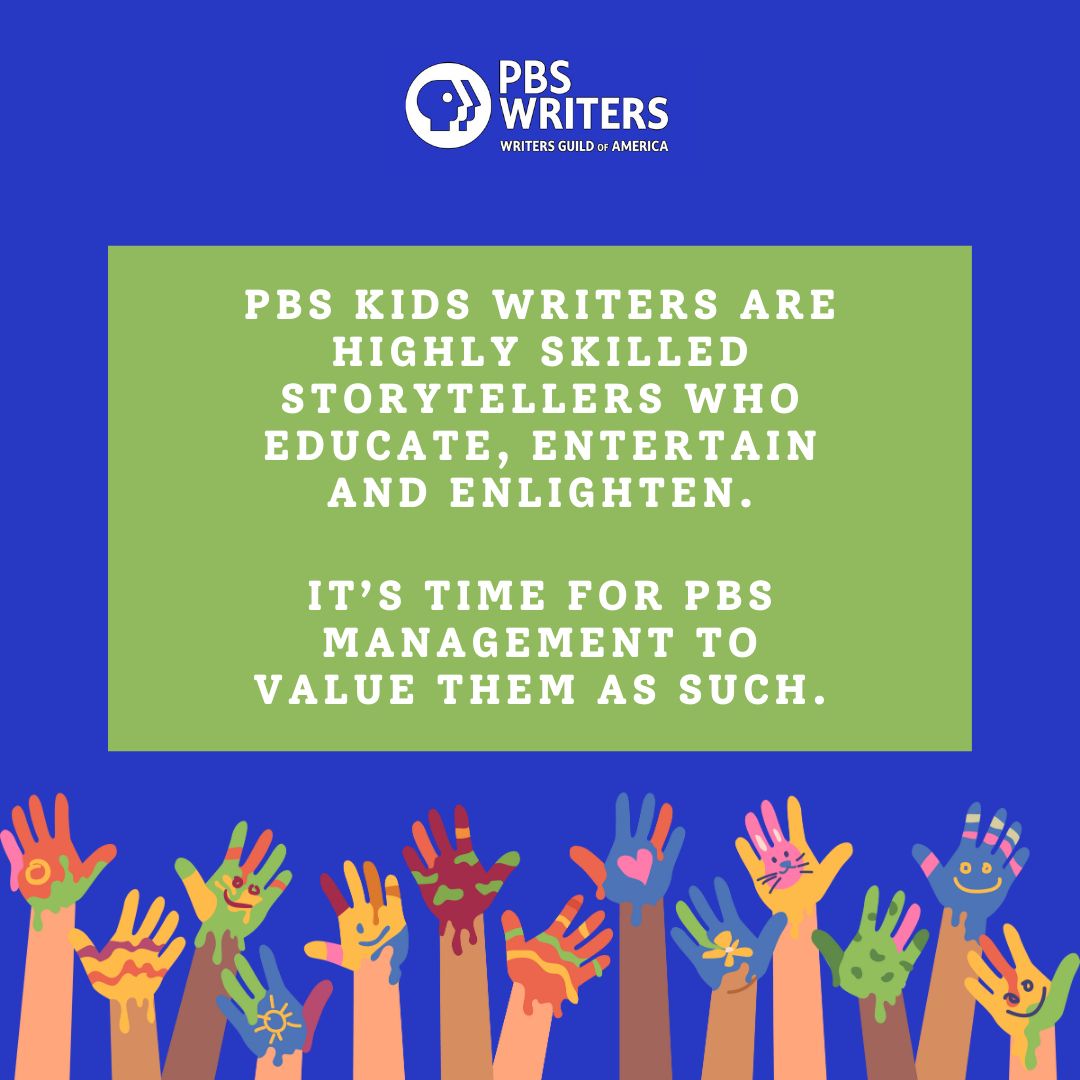 WGAEast's tweet image. PBS Kids Animation writers deserve the same compensation as their live-action writer peers. 

In letters delivered to management across the negotiating table on 10/29, @PBS writers demanded management give them the respect - and union protections - they’ve earned. #UnionStrong