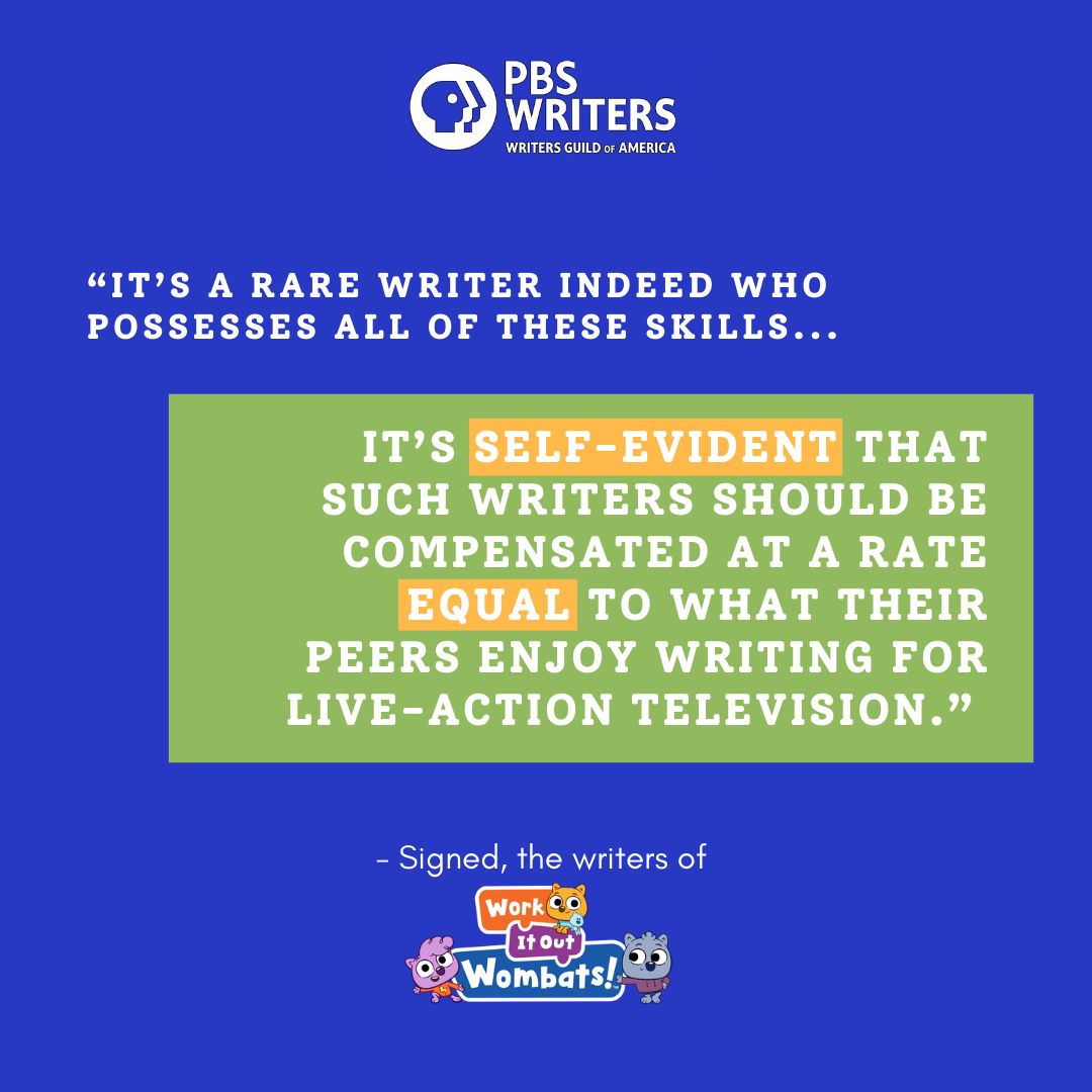 WGAEast's tweet image. PBS Kids Animation writers deserve the same compensation as their live-action writer peers. 

In letters delivered to management across the negotiating table on 10/29, @PBS writers demanded management give them the respect - and union protections - they’ve earned. #UnionStrong