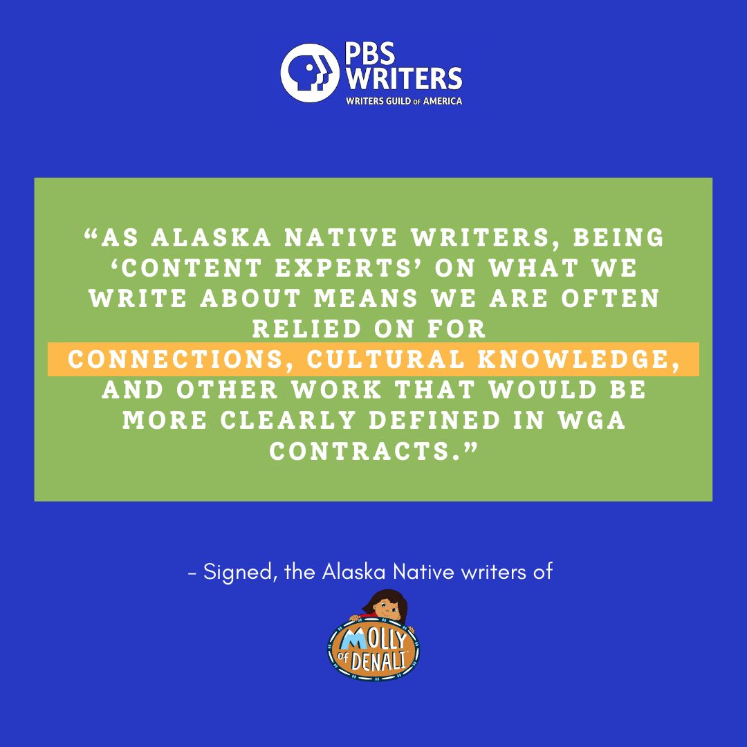WGAEast's tweet image. PBS Kids Animation writers deserve the same compensation as their live-action writer peers. 

In letters delivered to management across the negotiating table on 10/29, @PBS writers demanded management give them the respect - and union protections - they’ve earned. #UnionStrong