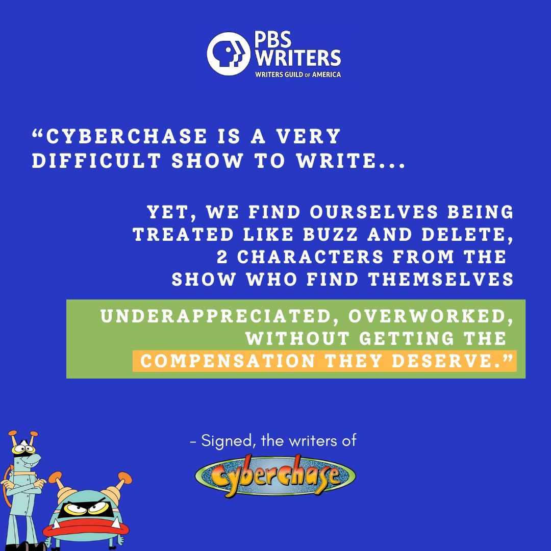 WGAEast's tweet image. PBS Kids Animation writers deserve the same compensation as their live-action writer peers. 

In letters delivered to management across the negotiating table on 10/29, @PBS writers demanded management give them the respect - and union protections - they’ve earned. #UnionStrong