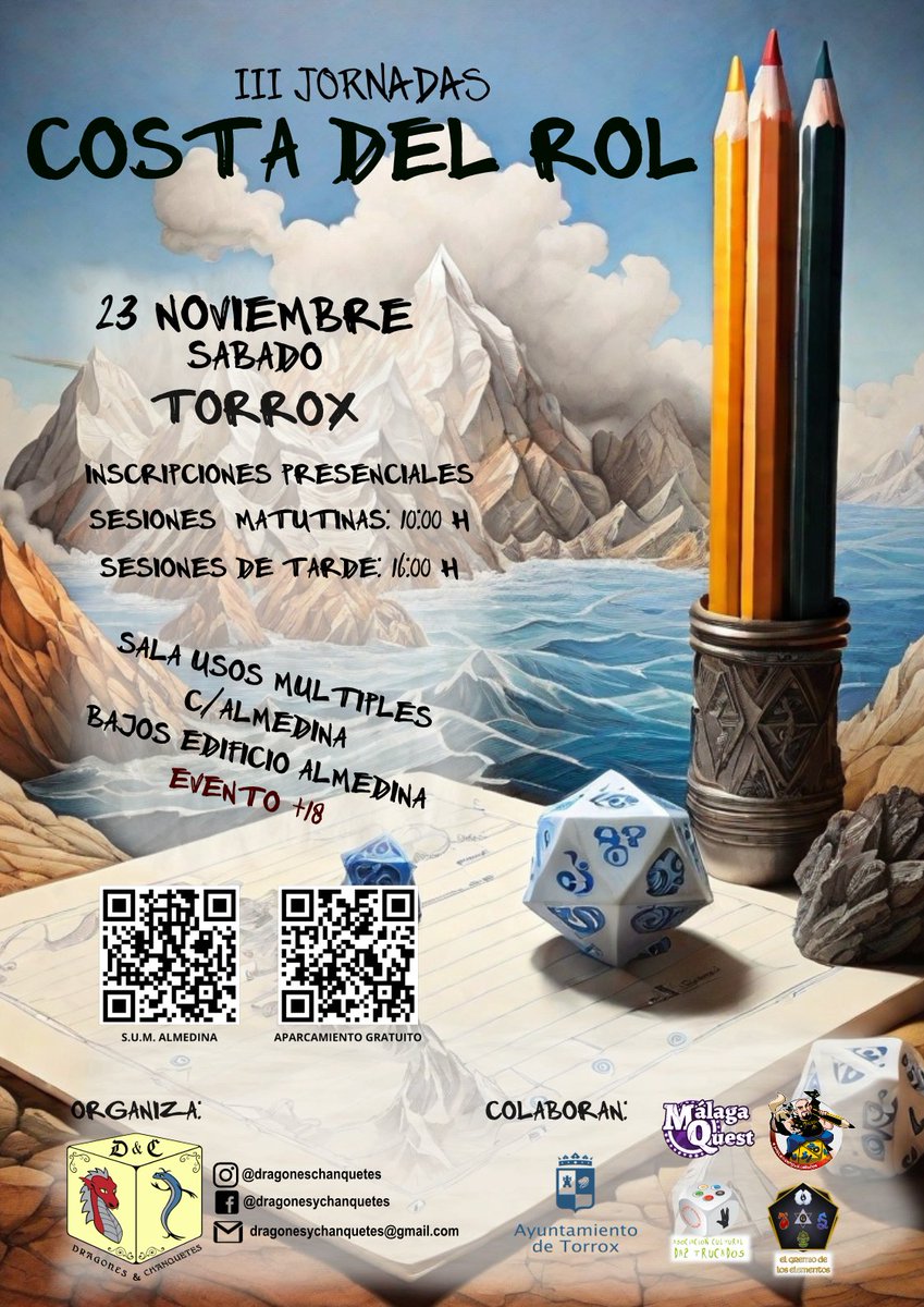 ¡Vuelve la COSTA DEL ROL! Las jornadas de juegos de rol que organizan <a href="/DyChanquetes/">Dragones & Chanquetes</a> , esta vez en TORROX, el próximo 23 de noviembre. Evento gratuito (+18). Sesiones de mañana (10:00h) y de tarde (16:00h). Inscripción presencial por orden de llegada. ¡No te lo pierdas!