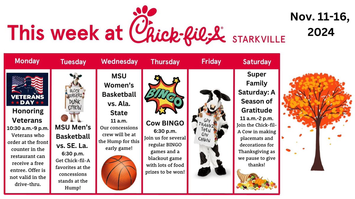 Looks like we have a lot of fun games going on this week in Starkville! Make sure you support your MSU Basketball team and don't miss out on Cow BINGO on Thursday!🐮 We also have another Super Family Saturday this week!