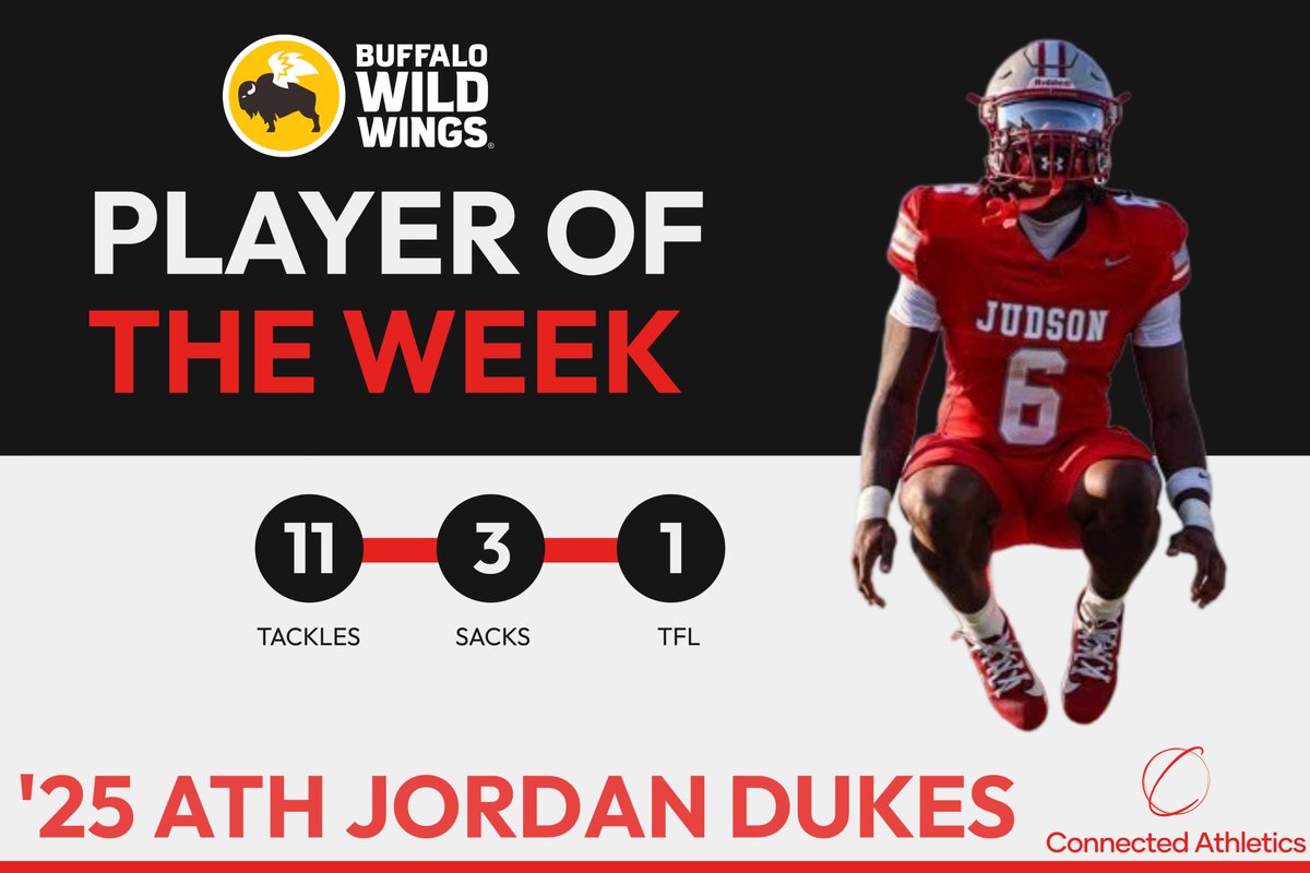Anthony Williams (@awilliamsusa) on Twitter photo 🚨 <a href="/BWWings/">Buffalo Wild Wings</a> PLAYER OF THE WEEK 🚨
Huge shoutout to '25 ATH <a href="/JDukes30/">Jordan Dukes</a> from <a href="/JudsonFootball/">Judson Football</a> High School for his incredible performance this week!
Jordan dominated the field with:
🔴 11 Tackles
🔴 3 Sacks
🔴 1 TFL
His relentless effort and playmaking ability make him a true 🚨 <a href="/BWWings/">Buffalo Wild Wings</a> PLAYER OF THE WEEK 🚨
Huge shoutout to '25 ATH <a href="/JDukes30/">Jordan Dukes</a> from <a href="/JudsonFootball/">Judson Football</a> High School for his incredible performance this week!
Jordan dominated the field with:
🔴 11 Tackles
🔴 3 Sacks
🔴 1 TFL
His relentless effort and playmaking ability make him a true
