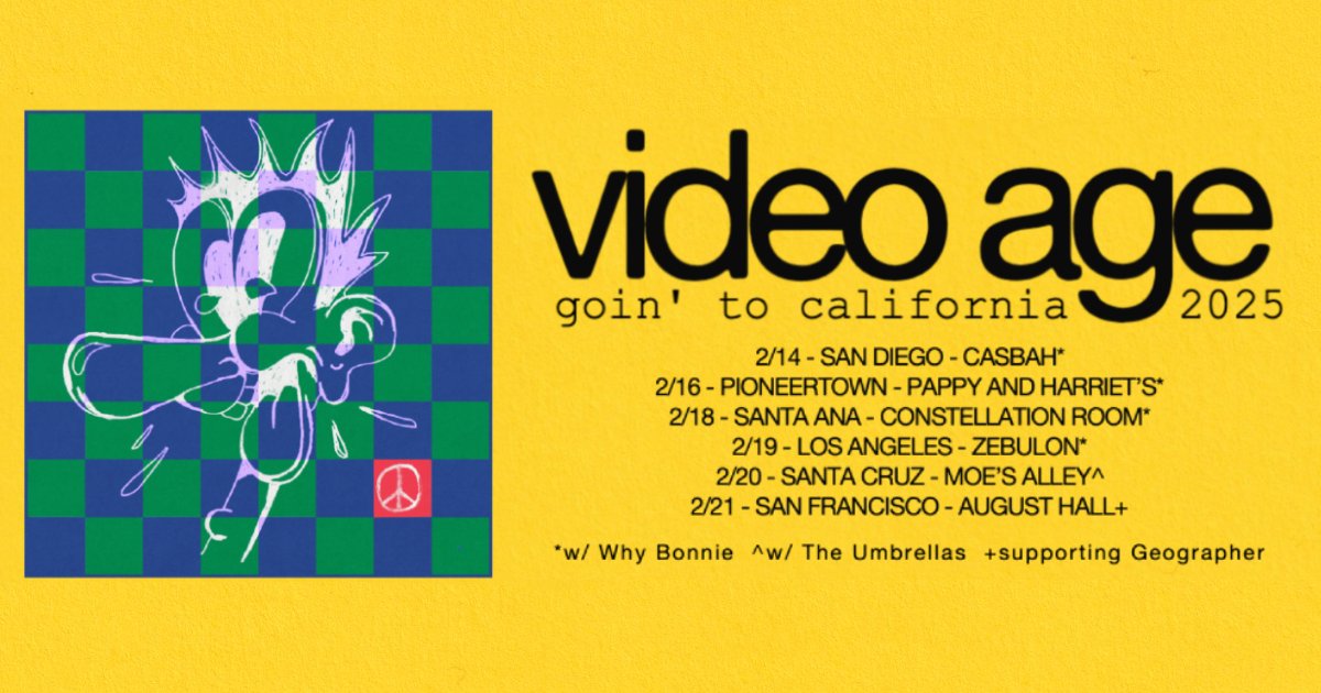 We're goin to California in February! And we'll be joined by our friends <a href="/whybonniemusic/">why bonnie</a> &amp; <a href="/theumbrellassf/">the umbrellas</a>. Tickets on sale this Friday at 10am ☮️

videoageband.com/tour