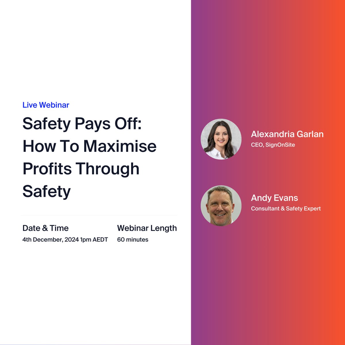 Join safety expert Andy Evans and SignOnSitea Alex Garlan as they explore how smart safety strategies can boost profitability in construction.
When: December 4th at 1 PM AEDT
Register for your spot here: hubs.la/Q02XRxXK0

#Construction #Safety #Webinar #Compliance
