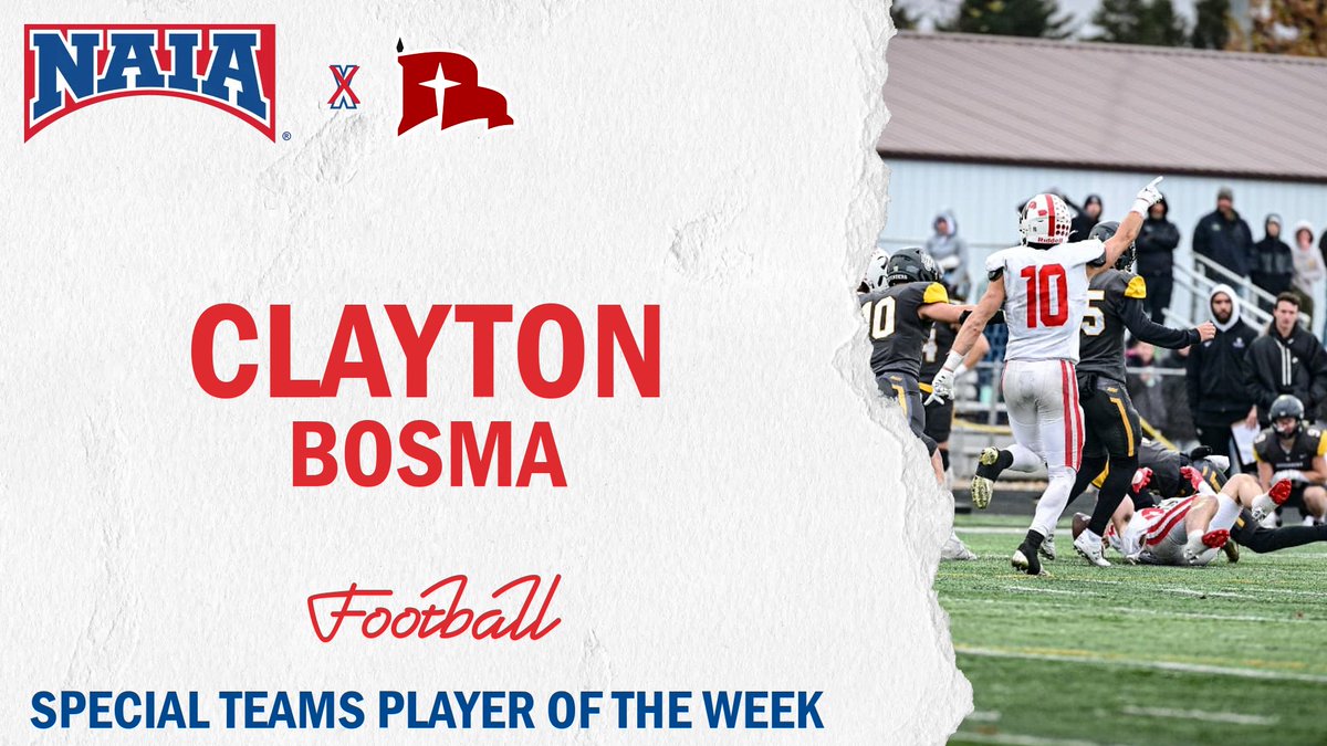 🏈
Clayton Bosma of <a href="/nwcraiders/">NWC Red Raiders</a> blocks a game tying field goal to lift Northwestern to a key victory and earn #NAIAFootball Special Teams Player of the Week.       

Dive On In--&gt; naia.prestosports.com/x/bspkl 

#NAIAPOTW #collegefootball