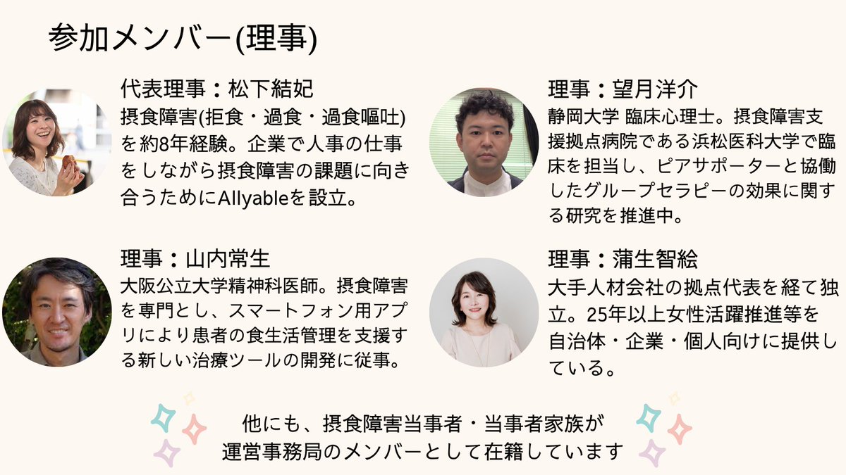 Allyable168367's tweet photo. 🌼自己紹介🌼一般社団法人Allyableは、摂食障害の元当事者が専門医師や心理士と共に立ち上げた非営利団体です。摂食障害の啓蒙活動(@学校・企業でのセミナーや心理職・医療職に向けた専門家対象セミナーなど)や、当事者・当事者家族/パートナーの方に向けた個別相談、オンライン上のコミュニティ運営などを行っています。活動詳細は添付画像やHPから→https://t.co/OT8ys0Cxly