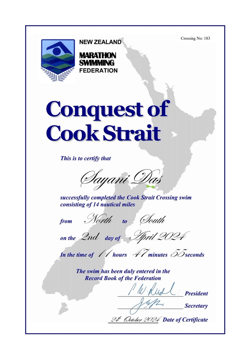 Today, I received my Cook Strait swim certificate! 🏊‍♀️💙 On April 2nd, I took on one of the toughest challenges yet, crossing the cold, choppy waters of the Cook Strait – my 4th swim in the Ocean's Seven. Every stroke was a test, but it was worth every moment! 
#CookStrait #ocean