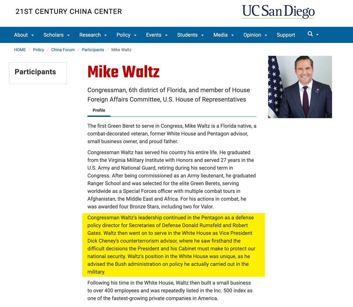 mtracey's tweet photo. Mike Waltz, the incoming National Security Advisor, worked for Donald Rumsfeld and Dick Cheney. Remember like a week ago when everybody was absolutely convinced there was some giant ideological chasm between Trump and the Cheneys? 😂 https://t.co/RmEoIphiJ4