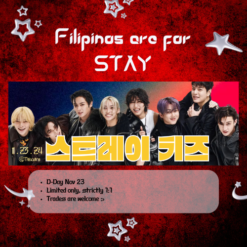 ThisCetra's tweet photo. Filipinos For STAY! fan support by
@ThisCetra
~~11/23/24; PH Arena 

☀️ mbf (for updates), rt, &amp; like 
☀️ 1:1 ratio limited qty only 
☀️ pls approach politely
☀️ open for trades dm!

 See you stays! #SKZinPH #dominATE_BULACAN #SKZ_in_BULACAN https://t.co/gLiQPE7sP2