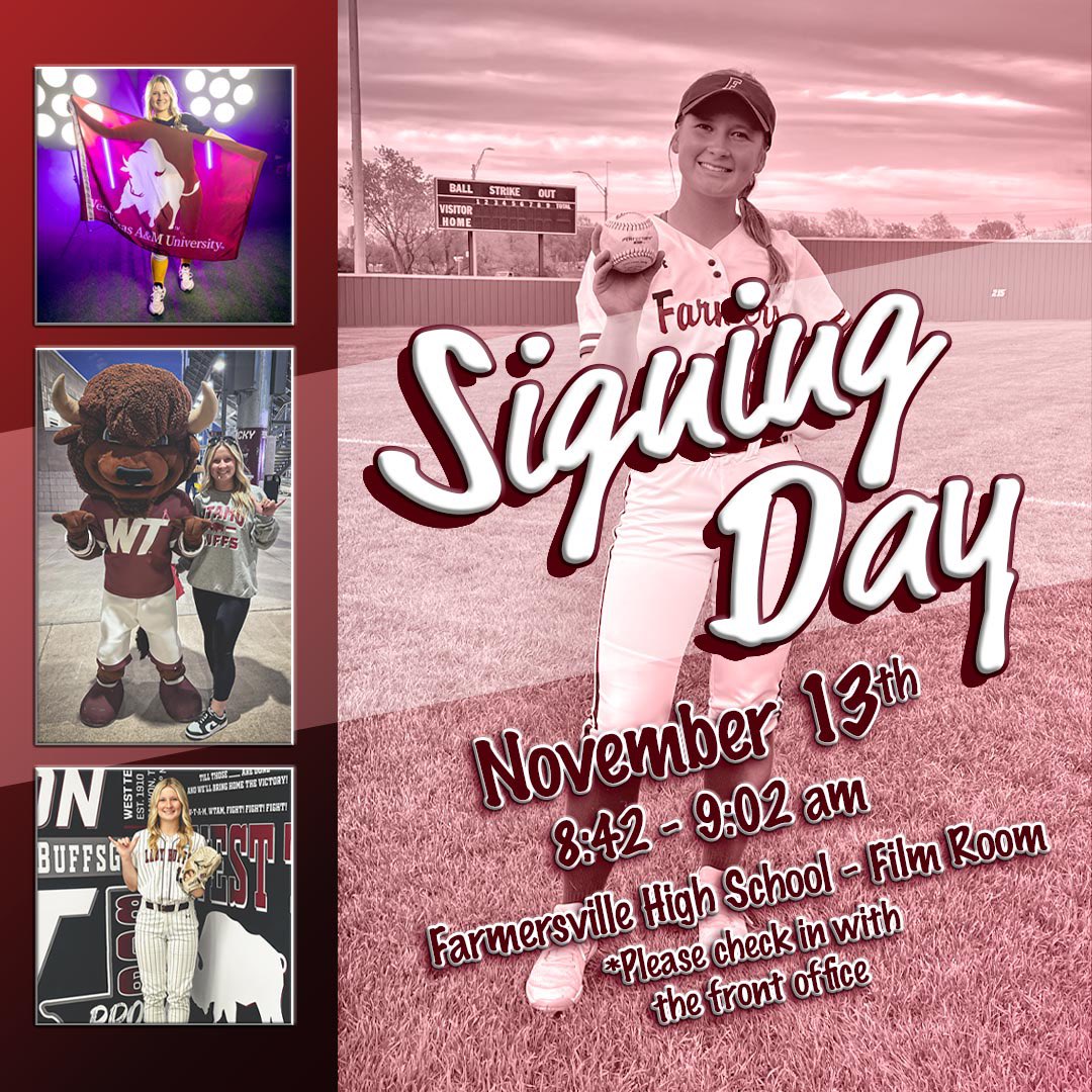 Wednesday-Nov 13 -#SigningDay!
<a href="/BellaRHolland/">Bella Holland</a> you continue to make <a href="/AshleyDHolland/">Ashley Holland</a> and myself extremely proud! #GoBuffs #WTAMU