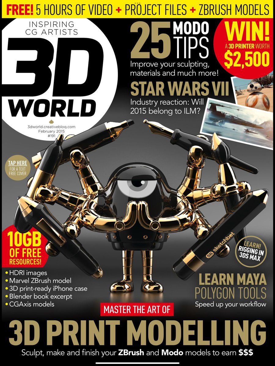 SteveTalkowski's tweet photo. RIP @3DWorldMag 2000-2024
I had the great pleasure to be invited to do the cover and an article for the February 2015 Issue 191.
Robert Redman, Thx for having me on board back in the day!
#sketchbot https://t.co/qrXvWatn6y