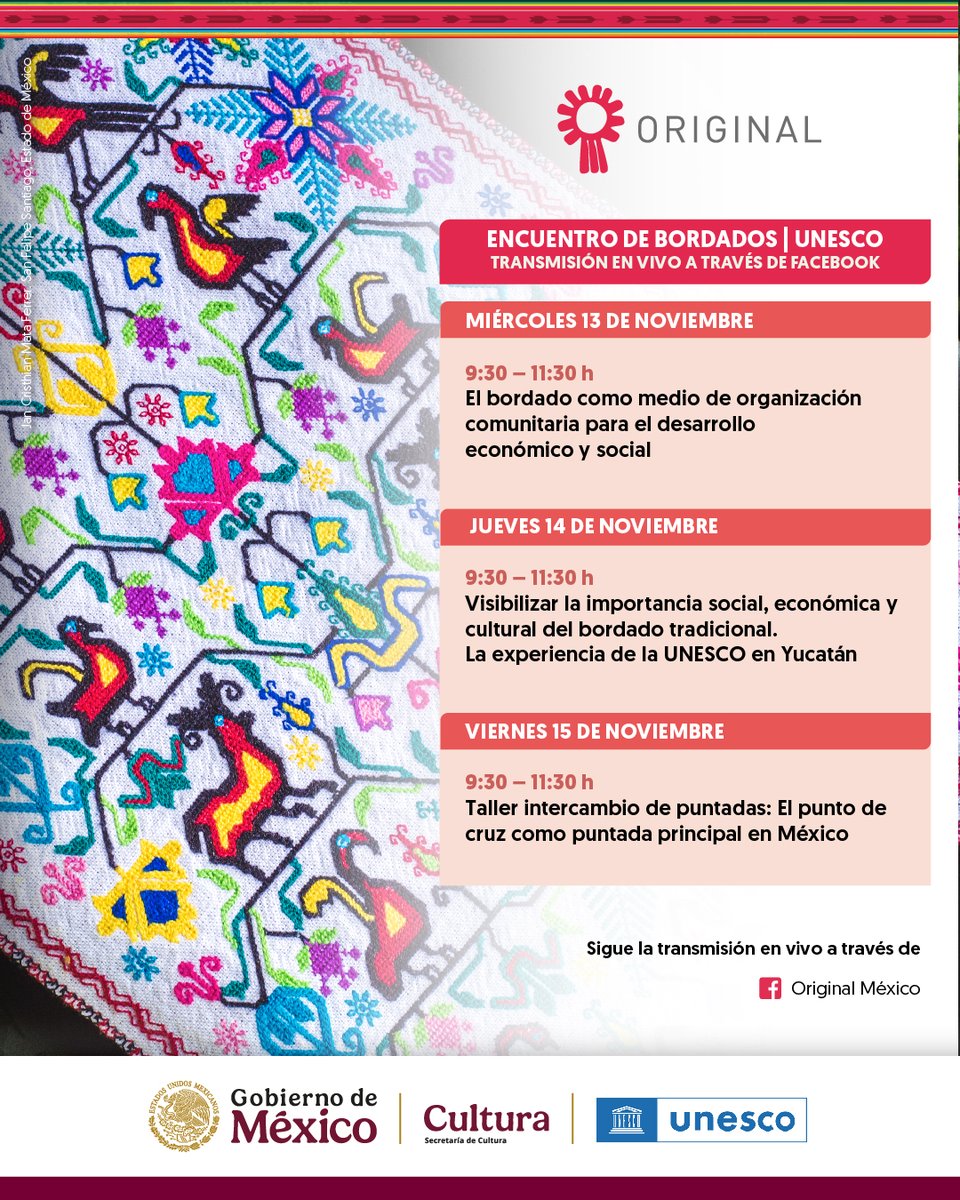 ¡No te pierdas el Encuentro de Bordados de #Original2024!

Recuerda que podrás seguir la transmisión en vivo a través de Facebook.

Consulta el programa completo en bit.ly/40Cpslh