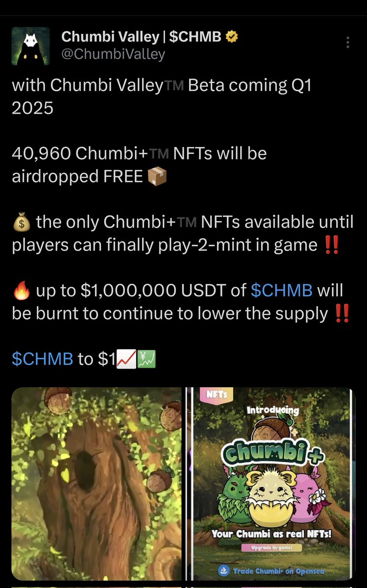 So much coming out for <a href="/ChumbiValley/">Chumbi Valley</a>.  You will be kicking yourself if you don't jump onboard.

Repost this and spread the word.

💳 BUY NFTs: opensea.io/collection/chu…
💰 BUY $CHMB: changelly.page.link/LPFR

<a href="/LadyofCrypto1/">Parked account</a> @Ashcryptoreal <a href="/NFTMTG/">More Than Gamers (MTG)</a> <a href="/nftnow/">nft now</a>