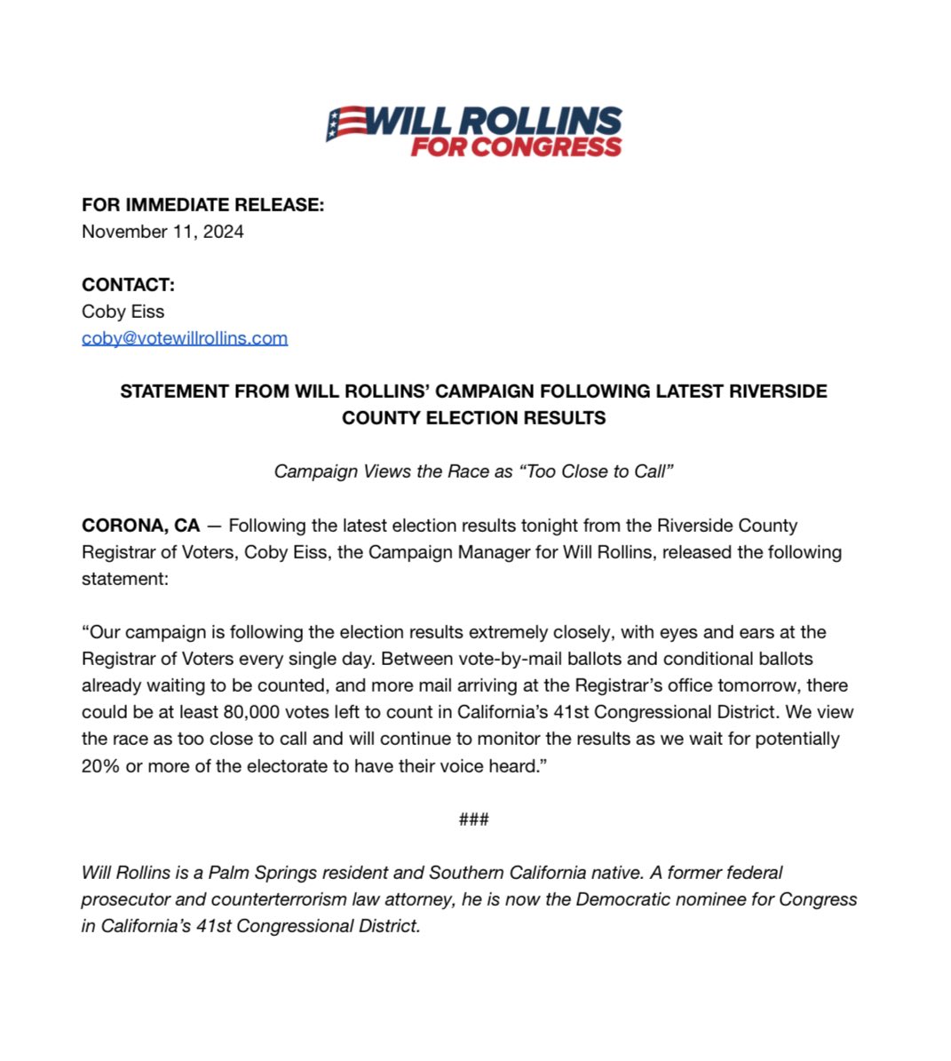 Our campaign's latest statement on the status of the race in California's 41st: