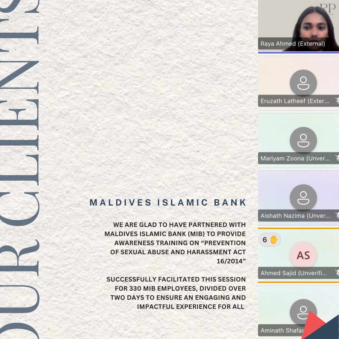 Creating a safe and respectful workplace starts with awareness! We just wrapped up an interactive online session on Sexual Harassment Law at the Workplace for <a href="/mibmv/">MaldivesIslamicBank</a> employees.