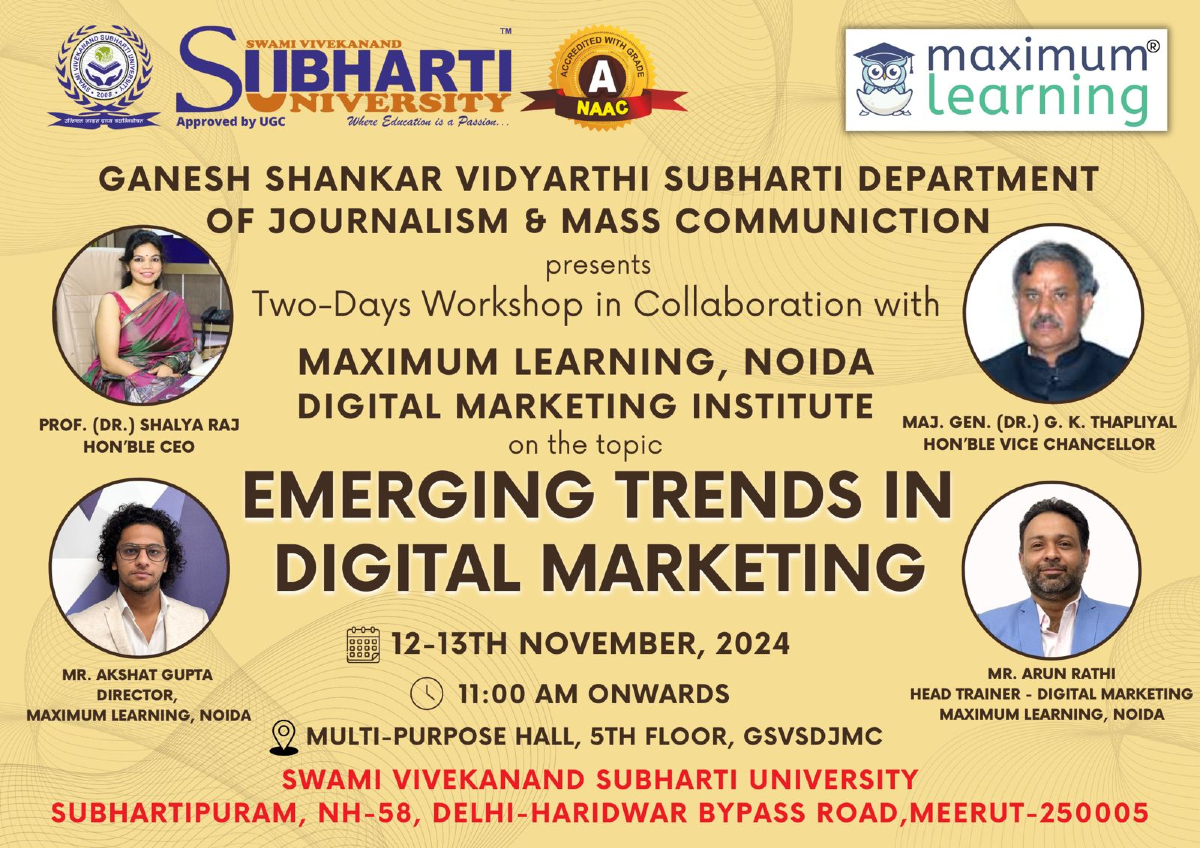 SVSUofficial's tweet image. The two-day workshop on “The Emerging Trends in Digital Marketing” is going to be an insightful peak into the ever-evolving Internet world of marketing.

#DigitaMarketing
#SubhartiUniversity
#MaximumLearning