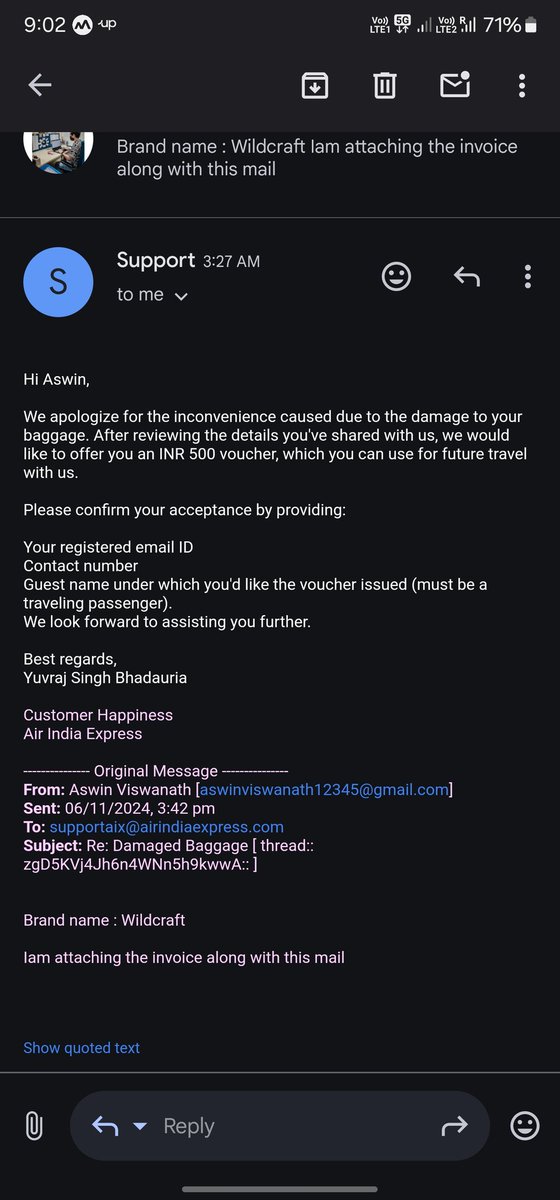 aswin_up96's tweet photo. @AirIndiaX, my bag worth ₹4000 was damaged during airport check-in, and I've only been offered a ₹500 travel coupon in compensation. This isn't adequate for the loss incurred. @jagograhakjago @DGCAIndia #CustomerService #AirIndia #TravelConcerns @airindia @IndiGo6E https://t.co/ZngbOIZ9qG