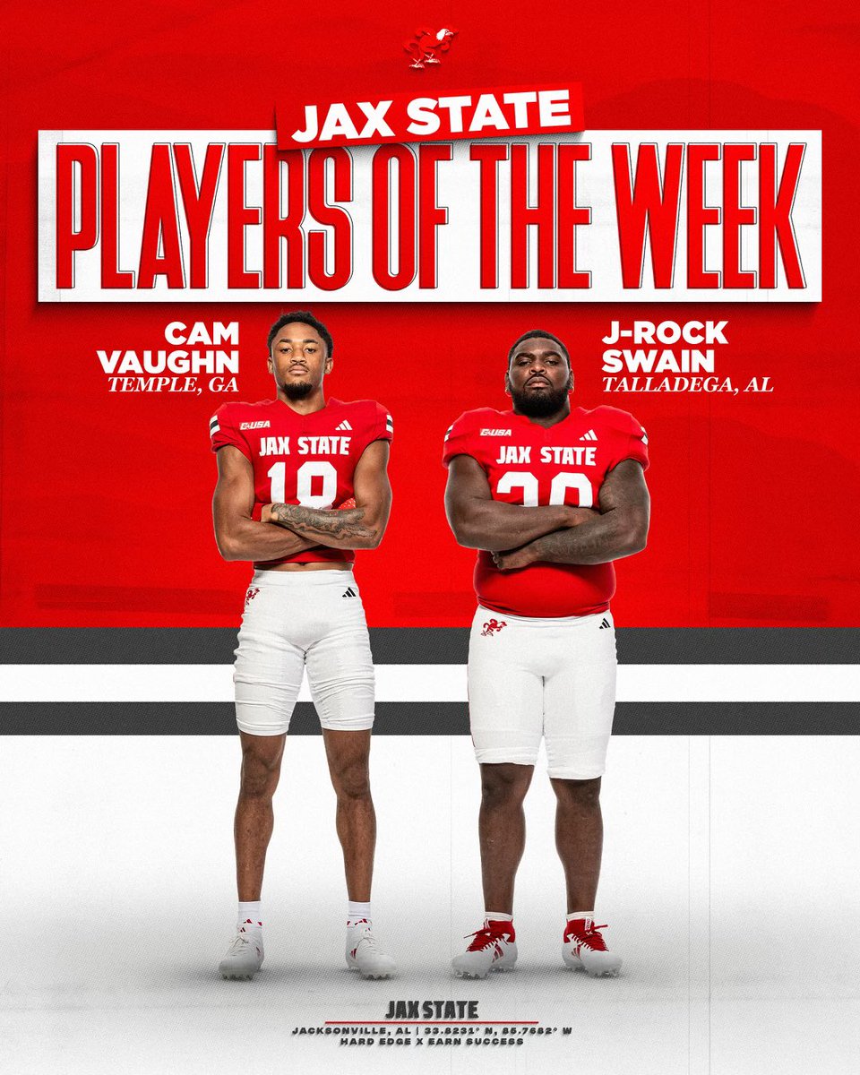 Jax State Players of the Week presented by Anthony Fleming State Farm‼️ 

<a href="/camvaughn4_/">cam vaughn</a> 
<a href="/Rockswain02/">JROCK</a> 

#HardEdge | #EarnSuccess