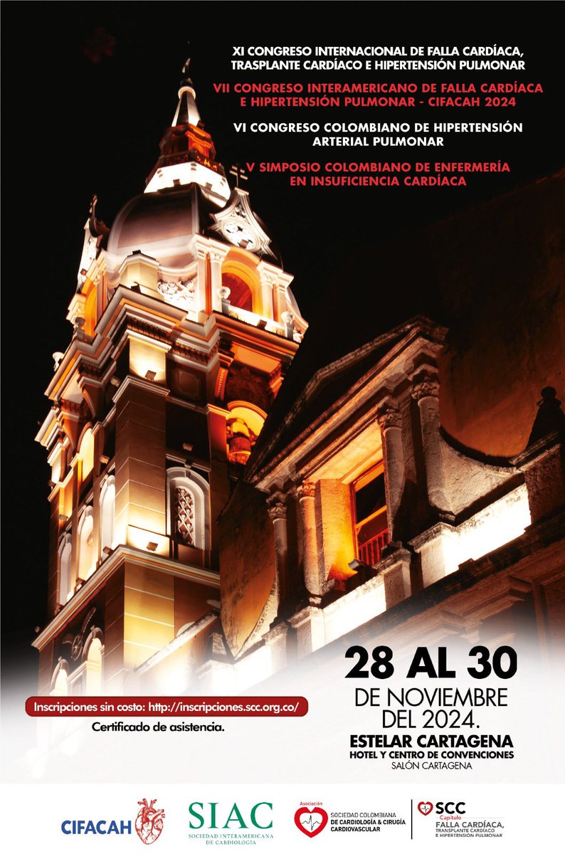 XI Congreso Internacional de Falla Cardíaca, Trasplante Cardíaco e Hipertensión Pulmonar

VII Congreso Interamericano de Falla Cardíaca e Hipertensión Pulmonar-CIFACAH 2024

📅 28 al 30 noviembre 2024

📍 Hotel Estelar Cartagena

 🔗 Inscripción sin costo: olimpo.altos-apps.com/preinscripcion…
