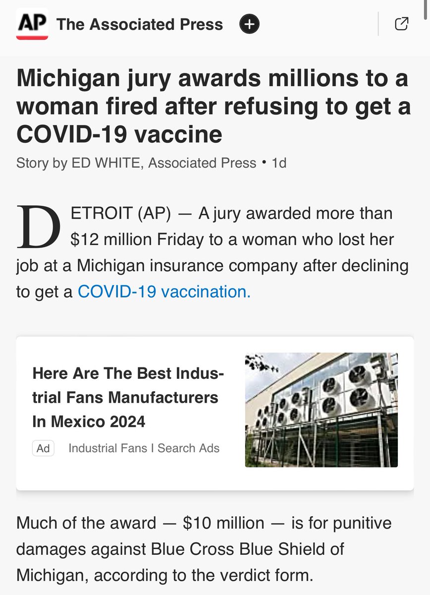 drsimonegold's tweet photo. BREAKING: Michigan jury awarded $13 million to a woman fired after refusing to get the COVID-19 shots.

Lisa Domski filed a religious exemption which her employer declined. She was then terminated.

The days of reckoning are finally here.
Always stand strong in your beliefs. https://t.co/DEfgbF3Bg9