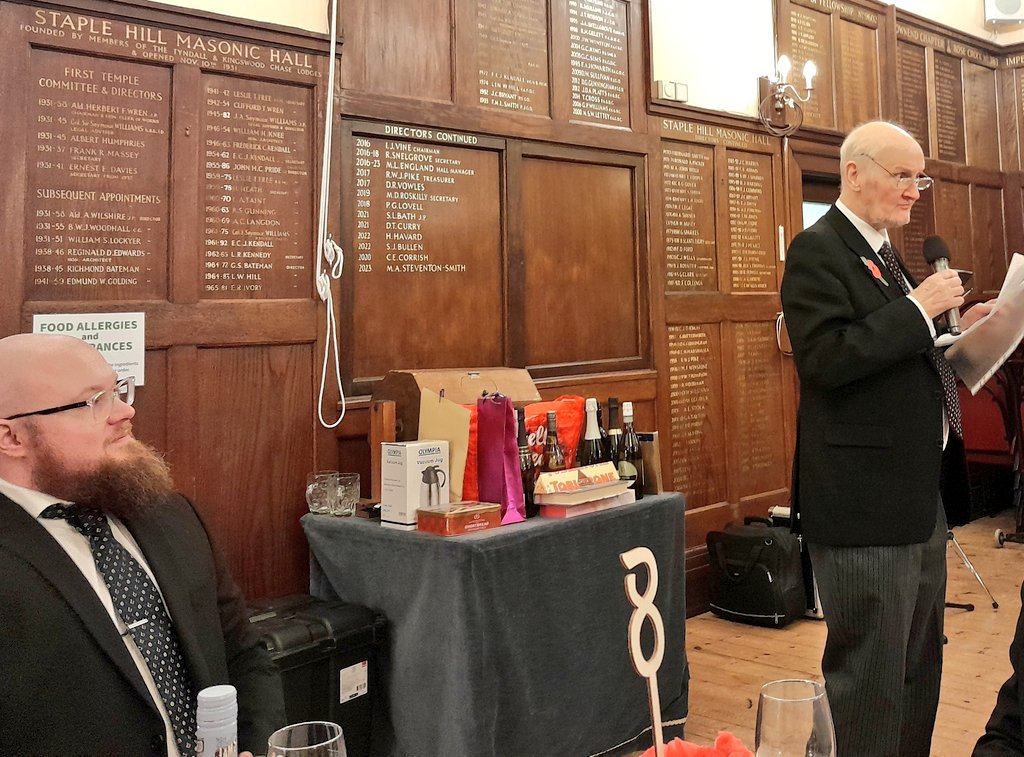 DownendLodge's tweet image. Happy 90th Birthday @DownendLodge. What an evening that we all enjoyed with the support of @GlosPGLodge PGM RW Bro Ian Davies and his wife and APGM WBro Mark Steventon-Smith. £350 raised from the raffle for Masonic Charities. 70 people enjoyed the evening around round tables.