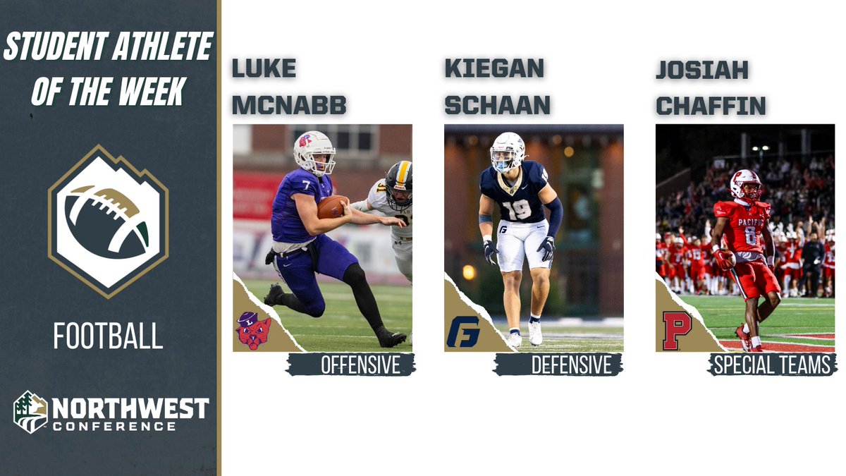 Northwest Conference (@northwestconf) on Twitter photo McNabb, Schaan, & Chaffin Named NWC Football Student-Athletes of the Week
<a href="/linfieldsports/">Linfield Athletics</a> <a href="/LinfieldFB/">Linfield Football</a> <a href="/GFUAthletics/">George Fox Athletics</a> <a href="/GFUFootball/">GFU Bruin Football</a> <a href="/goboxers/">Pacific Boxers</a> <a href="/Boxer_Football/">Pacific Football</a> McNabb, Schaan, & Chaffin Named NWC Football Student-Athletes of the Week
<a href="/linfieldsports/">Linfield Athletics</a> <a href="/LinfieldFB/">Linfield Football</a> <a href="/GFUAthletics/">George Fox Athletics</a> <a href="/GFUFootball/">GFU Bruin Football</a> <a href="/goboxers/">Pacific Boxers</a> <a href="/Boxer_Football/">Pacific Football</a>