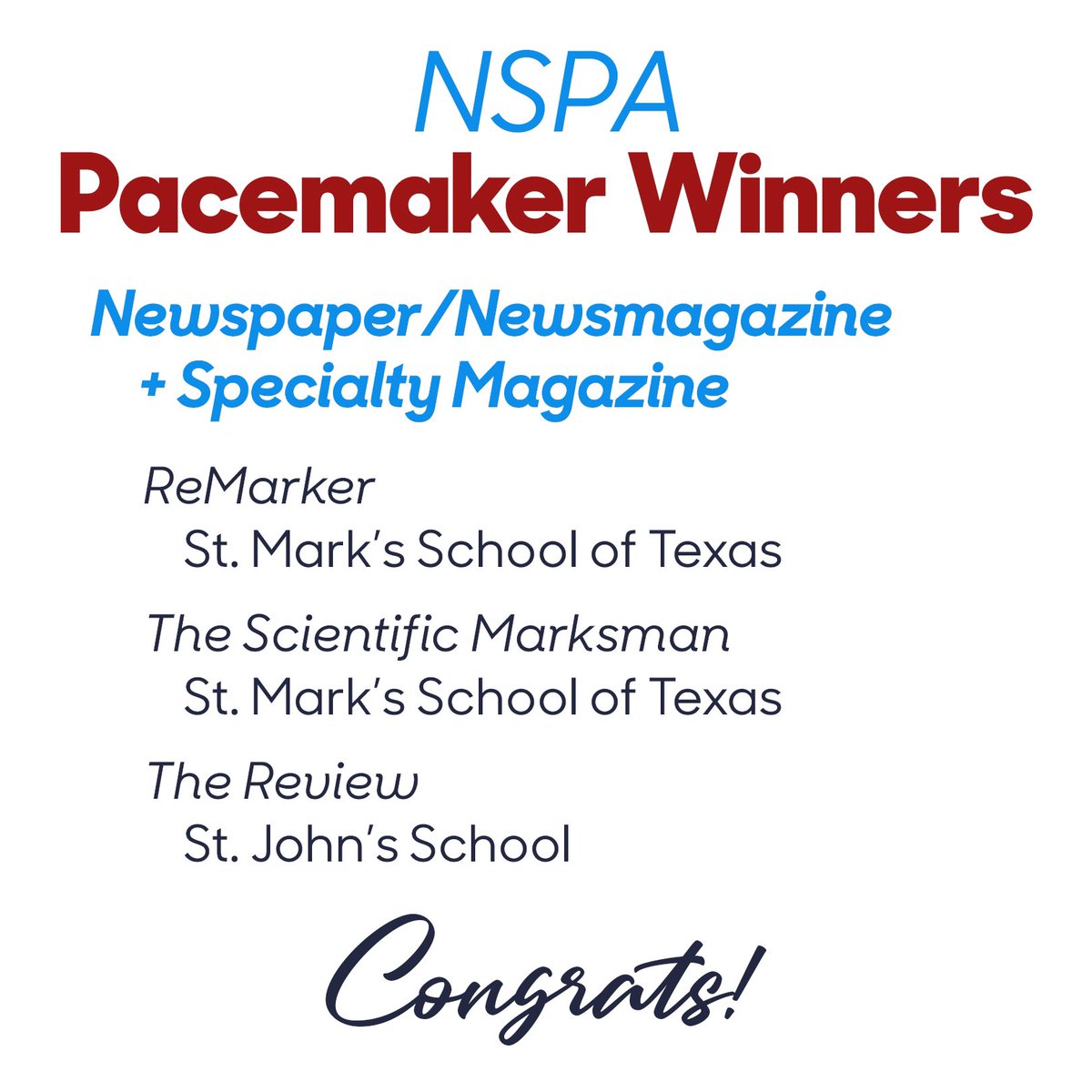 TAJE (@txaje) on Twitter photo Congrats to these Texas schools who won a Pacemaker from NSPA in Broadcast, Newspaper/Newsmagazine and Specialty Magazine. #TexasProud <a href="/NSPA/">National Scholastic Press Association</a> <a href="/nhsjc/">JEA/NSPA NHSJC</a> Congrats to these Texas schools who won a Pacemaker from NSPA in Broadcast, Newspaper/Newsmagazine and Specialty Magazine. #TexasProud <a href="/NSPA/">National Scholastic Press Association</a> <a href="/nhsjc/">JEA/NSPA NHSJC</a>