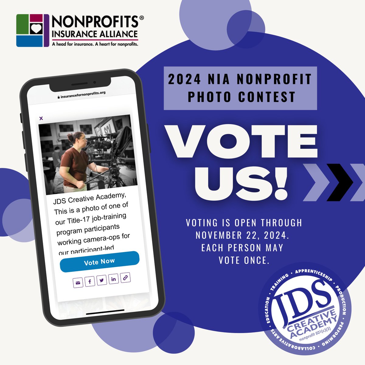 JDSCreative's tweet photo. Public voting for the 2024 NIA Nonprofit Photo Contest is LIVE! 📸 Cast your vote for our entry featuring a talented participant from our Title-17 job-training program at JDS Creative Academy 🎥📺🌟Show some love and VOTE! 👩‍💻💙
https://t.co/wrrCQfhJmH https://t.co/v1fGADfEnZ